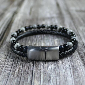 Men's Black Onyx Matte Silver Crazy Lace Agate Bracelet