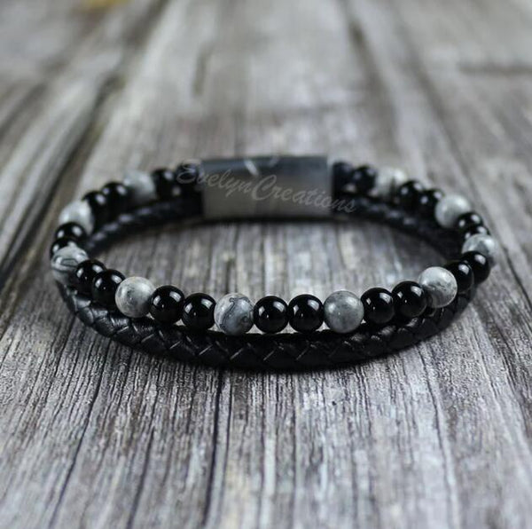 Men's Black Onyx Matte Silver Crazy Lace Agate Bracelet