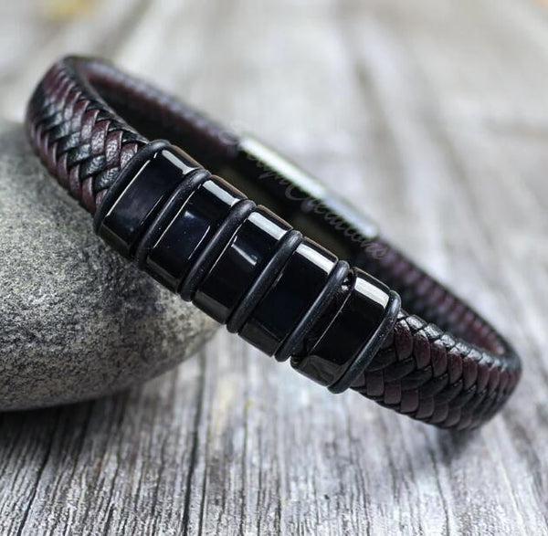 Men's Leather Magnetic Clasp BraidedBracelet