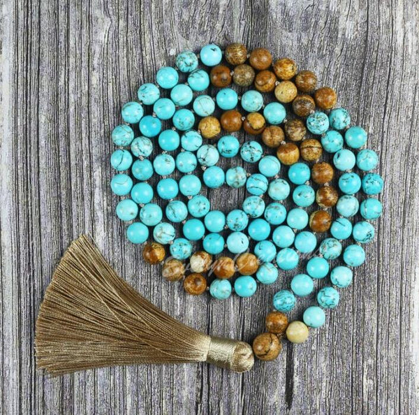 December Birthstone Hand Knotted 108 Mala Beads Turquoise Tassel Necklace
