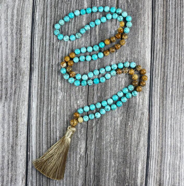 December Birthstone Hand Knotted 108 Mala Beads Turquoise Tassel Necklace