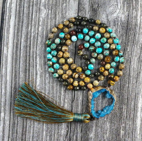 Handmade Natural Stone Blue Druzy Agate Hand Knotted Tassel Necklace