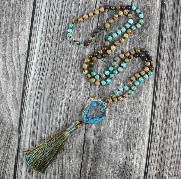 Handmade Natural Stone Blue Druzy Agate Hand Knotted Tassel Necklace
