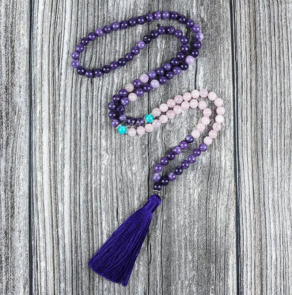 108 Beads Mala Prayer Rose Quartz Amethyst Tassel Necklace