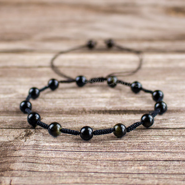 Natural Black Obsidian Beaded Anklet
