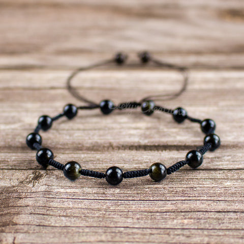 Natural Black Obsidian Beaded Anklet