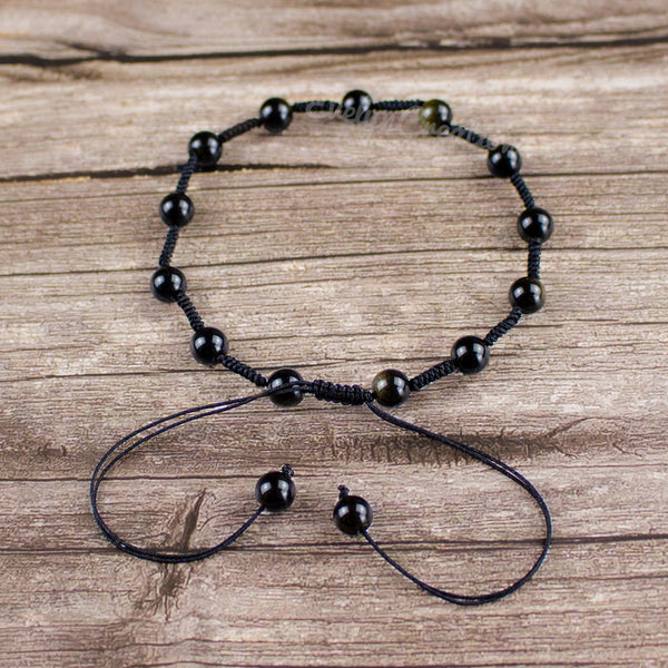Natural Black Obsidian Beaded Anklet