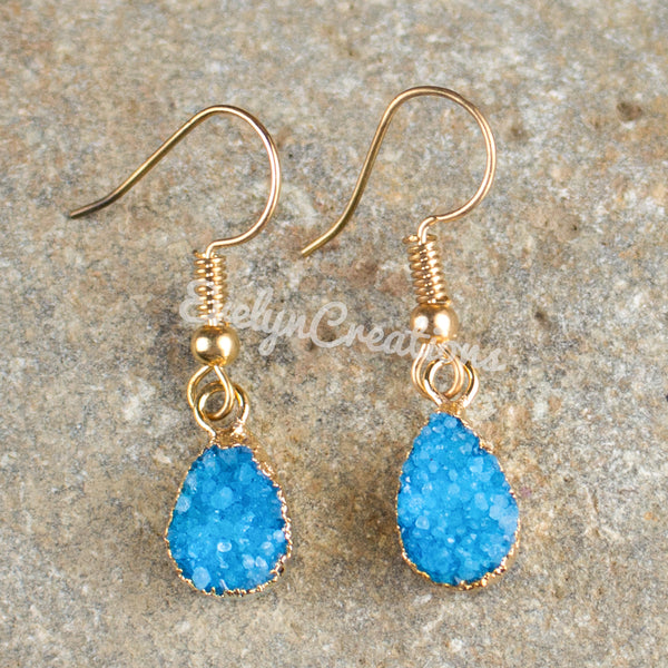 Blue Druzy Agate Natural Crystal Drop Earrings