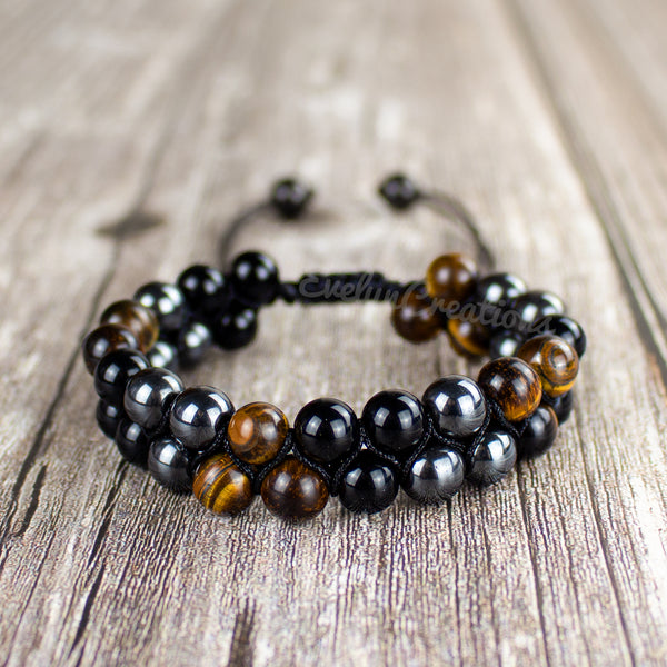 Triple Protection Natural Obsidian Stone Braided Bracelet