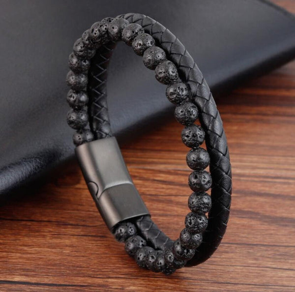 Men's Black Leather Lava Stone Strength Calming Healing Bracelet