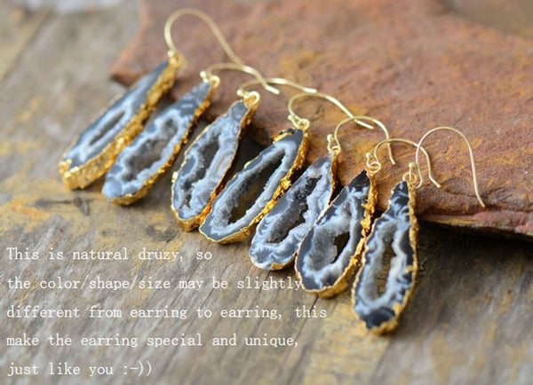 Natural Stone Druzy Agate Geode Crystal Earrings