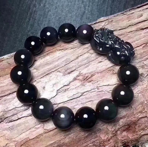 Natural Rainbow Eye Obsidian Feng Shui Pi Xiu Good Luck Beaded Healing Bracelet Gift