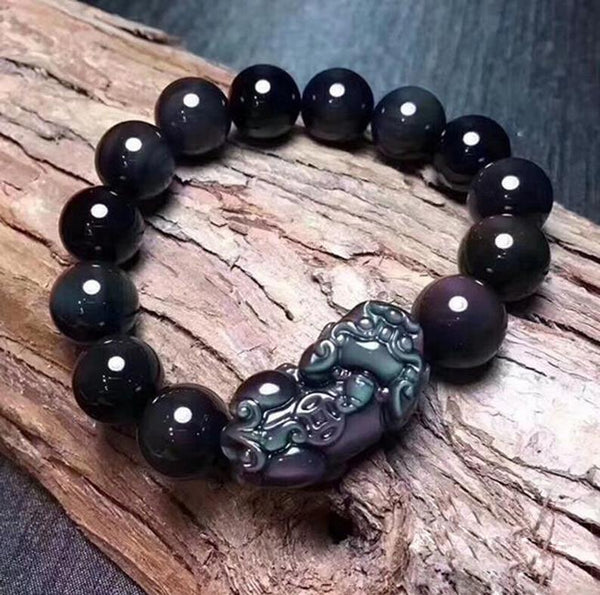 Natural Rainbow Eye Obsidian Feng Shui Pi Xiu Good Luck Beaded Healing Bracelet Gift