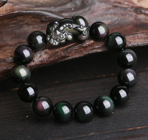 Natural Rainbow Eye Obsidian Feng Shui Pi Xiu Good Luck Beaded Healing Bracelet Gift