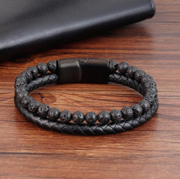 Men's Black Leather Lava Stone Strength Calming Healing Bracelet