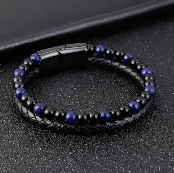 Men's Black Obsidian Stone Lapis Lazuli Calming Healing Bracelet