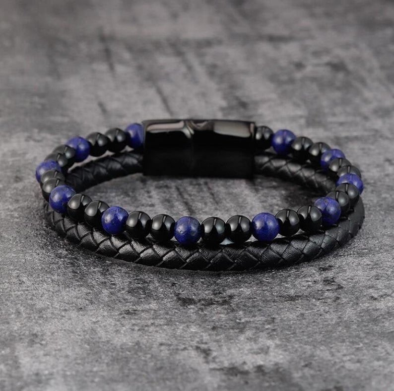 Men's Black Obsidian Stone Lapis Lazuli Calming Healing Bracelet