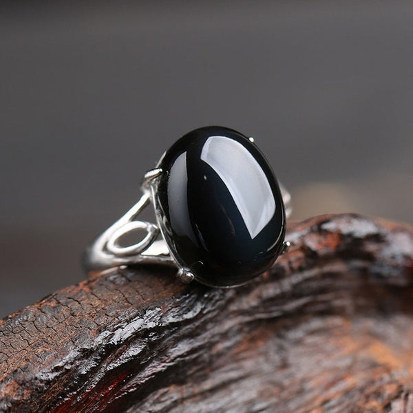 Natural Obsidian Stone Rainbow Eye Ring for Women