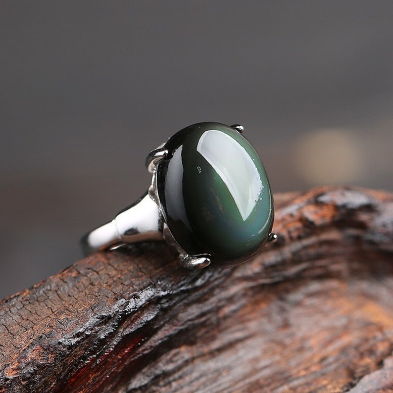 Natural Obsidian Stone Rainbow Eye Ring for Women