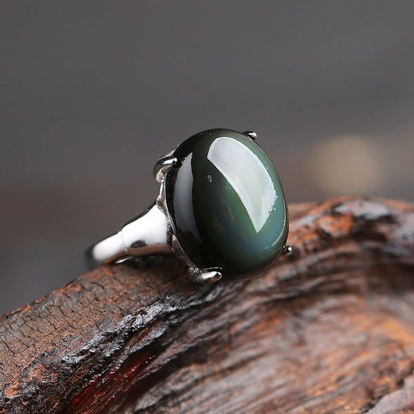 Natural Obsidian Stone Rainbow Eye Ring for Women