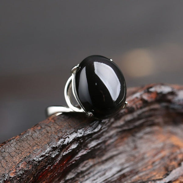 Natural Obsidian Stone Rainbow Eye Ring for Women
