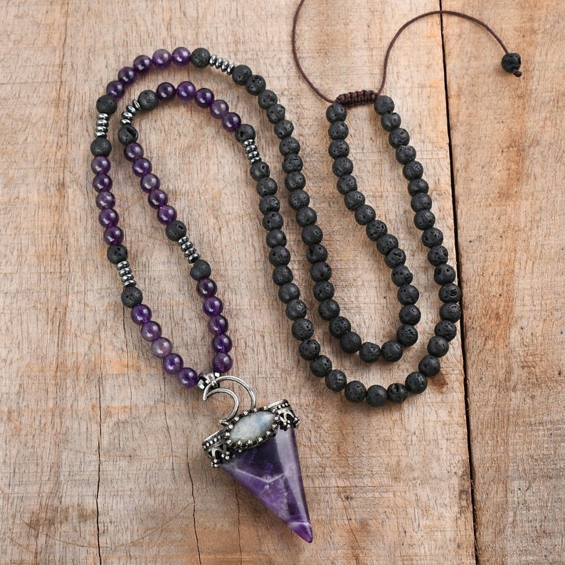 Natural Amethyst Healing Balancing Lava Stone Necklace