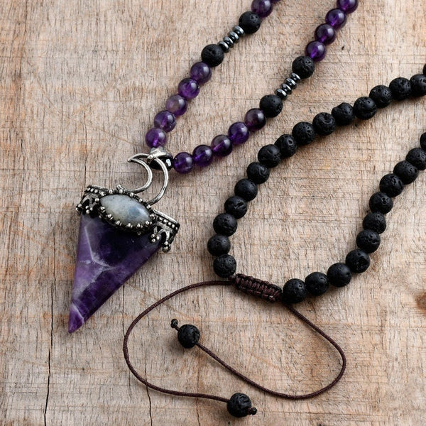 Natural Amethyst Healing Balancing Lava Stone Necklace