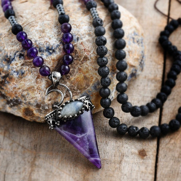 Natural Amethyst Healing Balancing Lava Stone Necklace