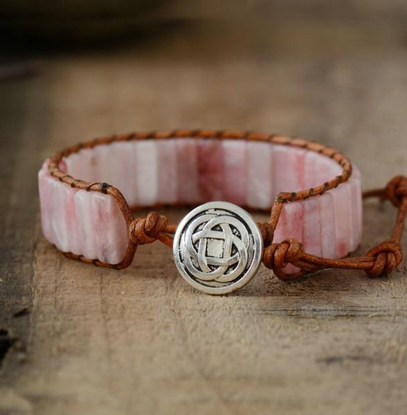 Handmade Natural Pink Rose Quartz Stone Leather Wrap Bracelet