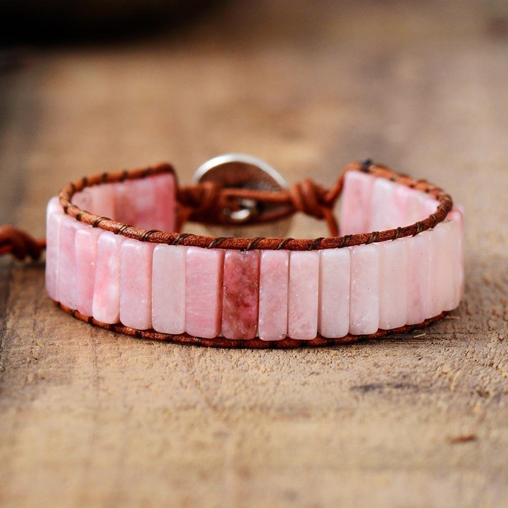 Handmade Natural Pink Rose Quartz Stone Leather Wrap Bracelet