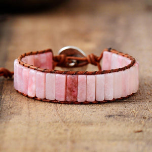Handmade Natural Pink Rose Quartz Stone Leather Wrap Bracelet