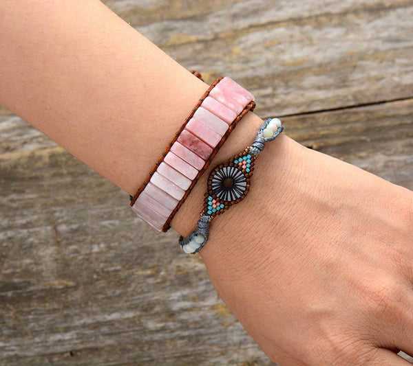 Handmade Natural Pink Rose Quartz Stone Leather Wrap Bracelet